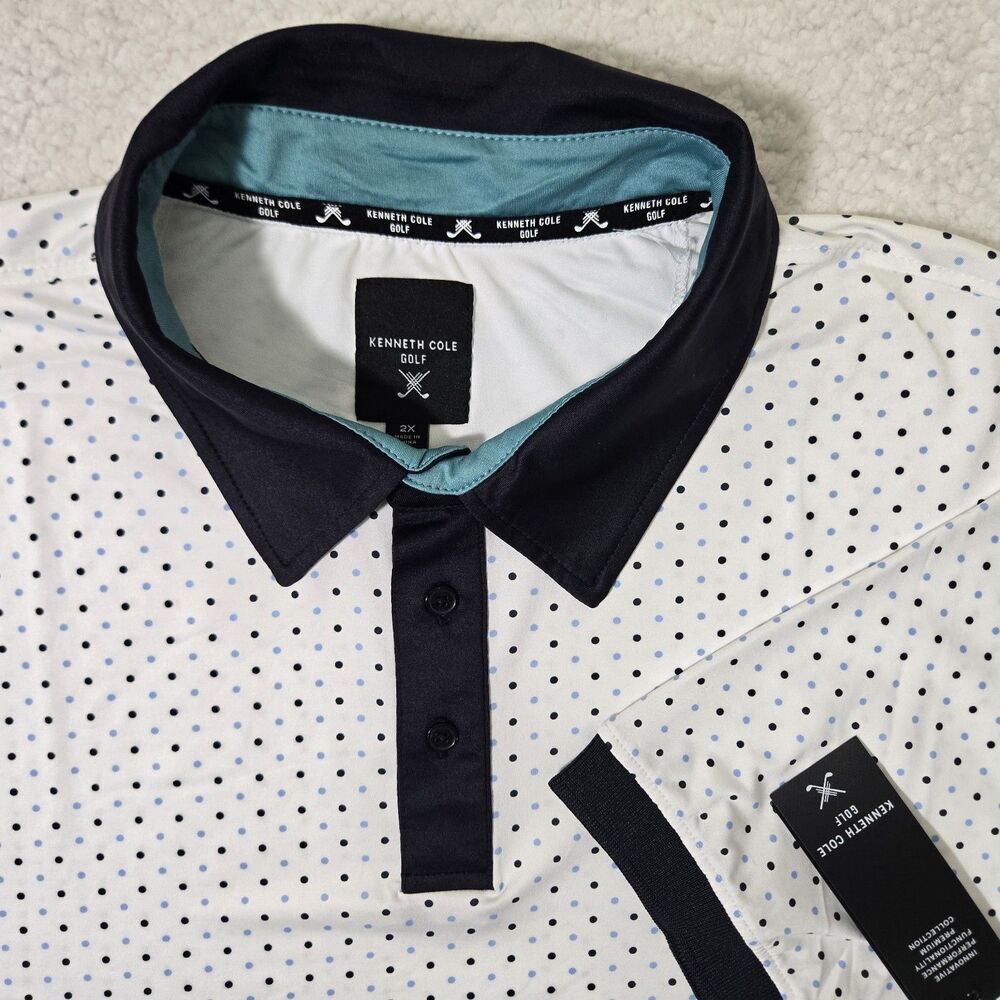 Kenneth Cole Golf Stretch Mens 2XL Performance White Polo Shirt Polka Dot Print